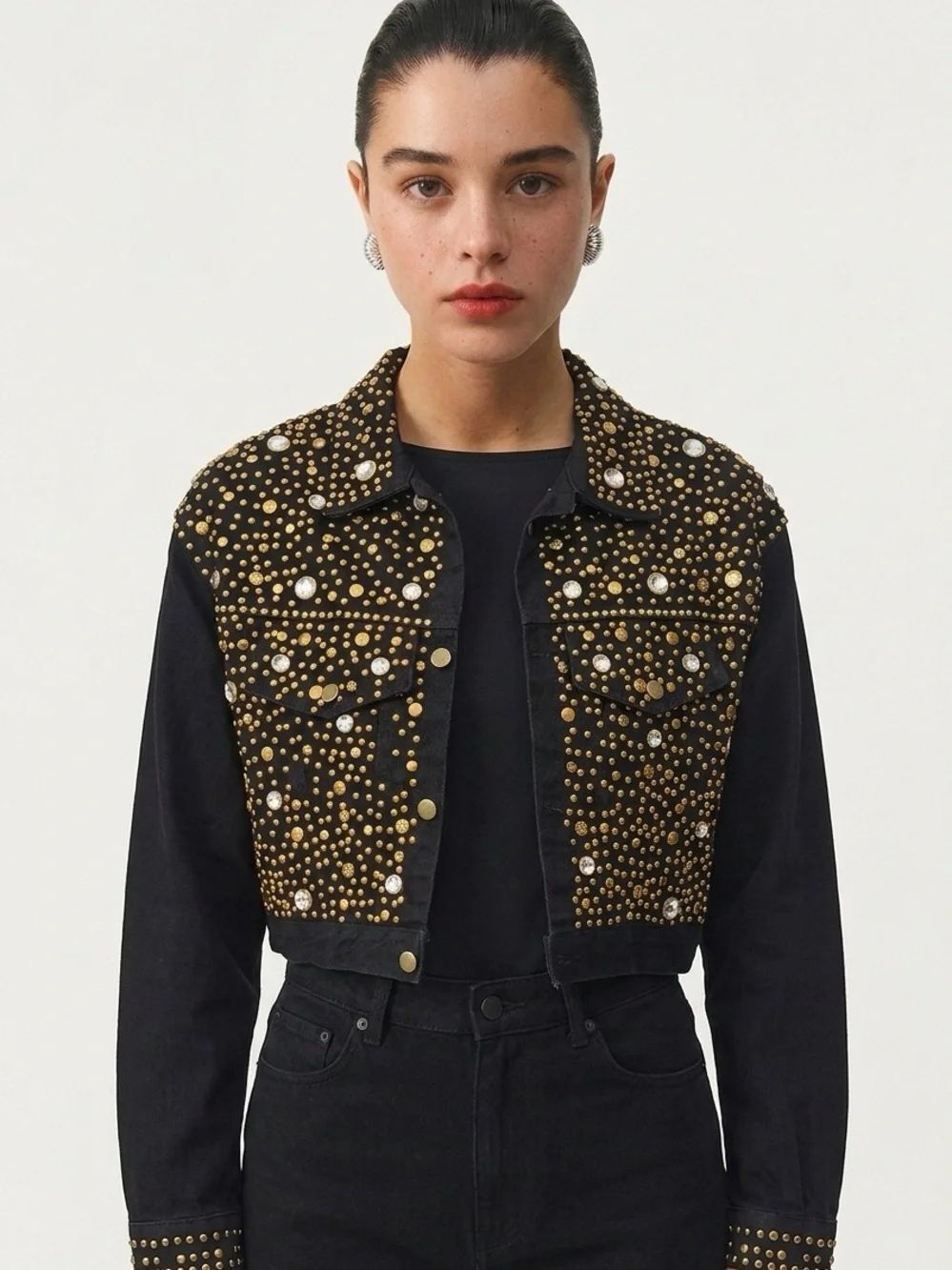 CROSS WALK L.A. | VINTAGE Black Gold Studded Rhinestone Denim Jacket Women’s L
